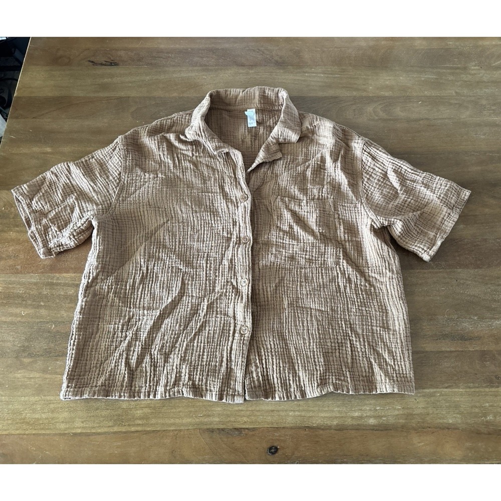 Stars Above Button Up Cropped Short Sleeve Shirt - Womens Large - Tan/Beige